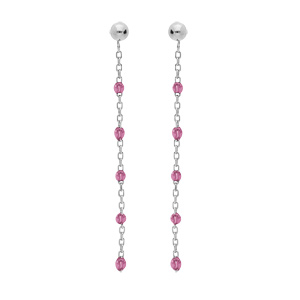 Boucles d’oreille en argent rhodié chaînette avec olives couleur framboise transparent et fermoir poussette