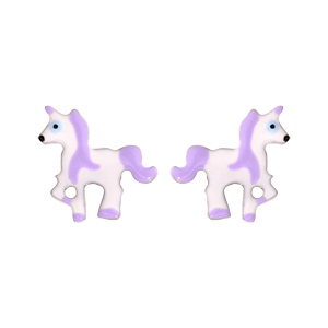 Boucles d'oreille pour enfant en argent rhodié licorne blanche et violette et fermoir poussette