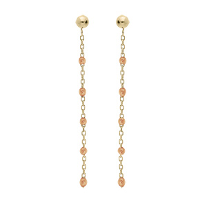 Boucles d’oreille en argent et dorure jaune chaînette avec olives couleur orange transparent et fermoir poussette