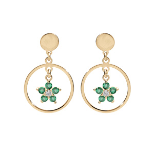 Boucles d’oreille en argent et dorure jaune anneau suspendu avec étoile oxydes vert et fermoir poussette