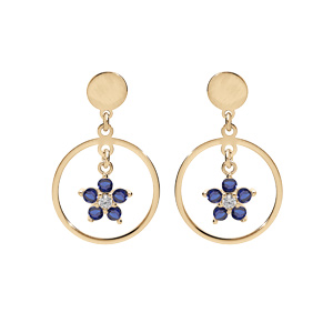 Boucles d’oreille en argent et dorure jaune anneau suspendu avec étoile oxydes bleu et fermoir poussette