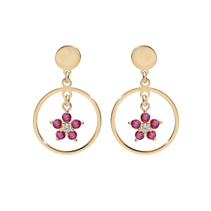 Boucles d’oreille en argent et dorure jaune anneau suspendu avec étoile oxydes framboise et fermoir poussette