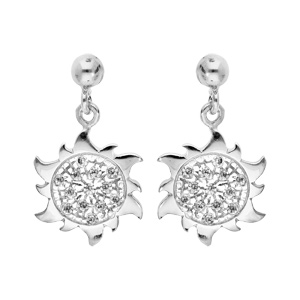 Boucles d'oreille pendantes en argent rhodié soleil suspendu avec oxydes blancs et fermoir poussette