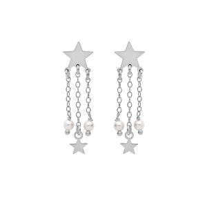Boucles d'oreille en argent rhodié étoile avec chaînettes perles étoile et blanche de synthèse fermo