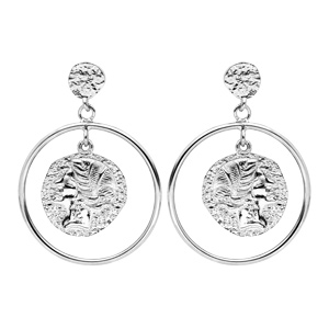Boucles d’oreille pendantes en argent rhodié anneau suspendu avec pastille déesse grecque finition antique et fermoir poussette