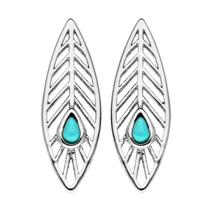 Boucles d'oreille en argent rhodié plume avec pierre couleur turquoise et fermoir poussette