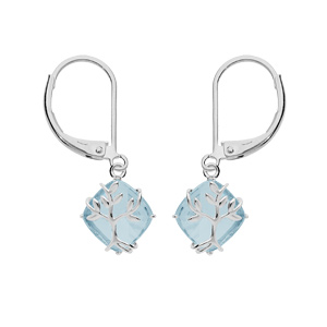 Boucles d'oreille en argent platiné avec oxyde bleu ciel suspendu motif arbre de vie et fermoir dorm