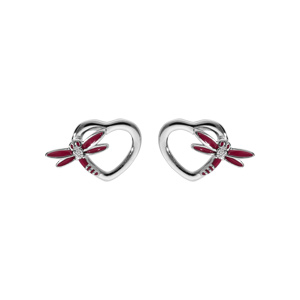 Boucles d’oreille tige en argent rhodié, libelulle résine rose