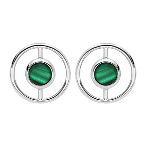 Boucles d’oreille en argent rhodié cercle avec Malachite véritable et fermoir poussette