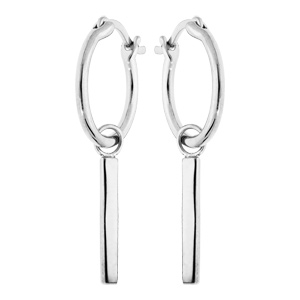 Créoles en argent rhodié anneau 15mm avec pampille barre lisse