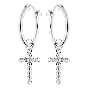 Créoles en argent rhodié 12mm avec pampille croix boules suspendue