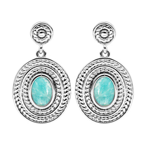 Boucles d’oreille pendantes en argent rhodié ovale suspendu avec Amazonite véritable et  fermoir poussette