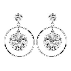 Boucles d'oreille pendantes en argent rhodié anneau suspendu avec pastille monnaie grecque finition 