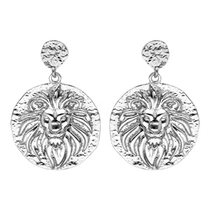 Boucles d'oreille pendantes en argent rhodié pastille suspendue avec Lion finition antique