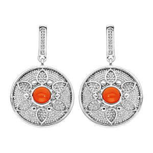 Boucles d'oreille pendantes en argent rhodié rond avec motif fleur pierre couleur corail et fermoir 