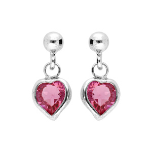 Boucles d’oreille pendantes en argent rhodié coeur empierrés rose et fermoir poussette