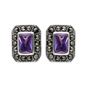 Boucles d’oreille en argent rhodié collection joaillerie Oxyde violet rectangulaire contour Marcassite et fermoir poussette