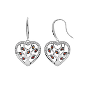 Boucles d'oreille en argent rhodié coeur suspendu avec arbre de vie empierré pierres rouges et fermo