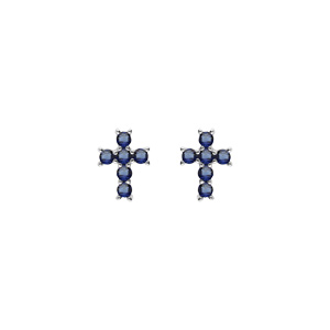 Boucles d’oreille tige argent rhodié croix oxydes bleu