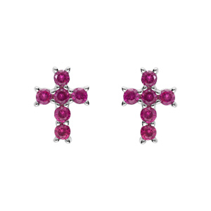 Boucles d’oreille tige argent rhodié pendentif croix oxydes fushia