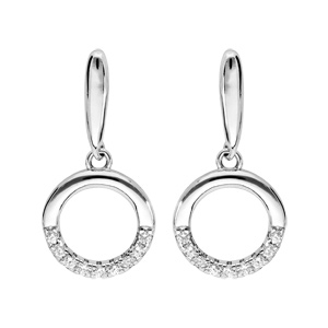 Boucles d'oreille pendantes en argent rhodié massif cercle avec oxydes blancs et fermoir poussette