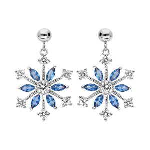 Boucles d’oreille pendantes en argent rhodié flocon avec oxydes blancs et navette bleue et fermoir poussette