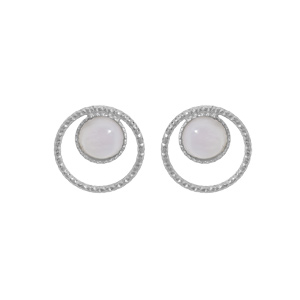 Boucles d'oreille en argent rhodié pierre Nacre blanche véritable 6mm dans cercle et fermoir pousset