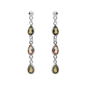 Boucles d'oreille en argent rhodié massif pendantes avec gouttes d'oxydes verts et orangés et fermoi