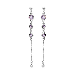 Boucles d'oreille en argent rhodié massif pendantes avec oxydes ronds violets et chaînette fermoir p