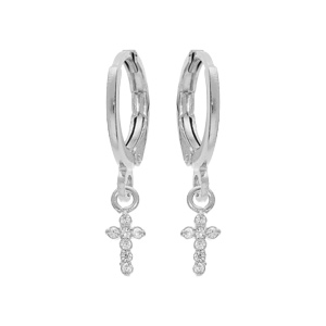 Créoles en argent rhodié articulées avec pampille croix et oxydes blancs sertis