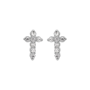Boucles d’oreille en argent rhodié croix avec oxydes blancs sertis dim 6mm x 3 mm et fermoir poussette