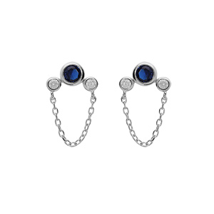 Boucles d’oreille en argent rhodié chaînette et 3 oxydes bleu et blancs et fermoir poussette