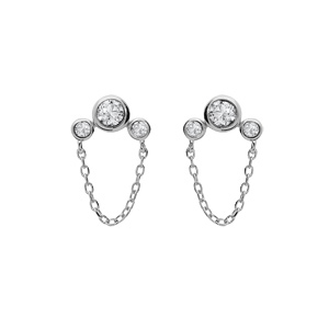 Boucles d’oreille en argent rhodié chaînette et 3 oxydes blancs et fermoir poussette