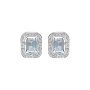 Boucles d'oreille en argent rhodié massif pierre carré Topaze bleue véritable avec contour oxydes bl