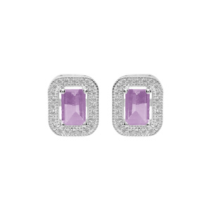 Boucles d’oreille en argent rhodié massif pierre carré Améthyste véritable avec contour oxydes blancs sertis et fermoir poussette