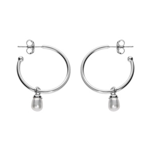 Créoles en argent rhodiéavec pampille Perle de culture d’eau douce blanche et fermoir poussette