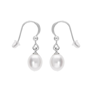 Boucles d'oreille en argent rhodié avec Perle de culture d'eau douce goutte blanche 8mm suspendue et