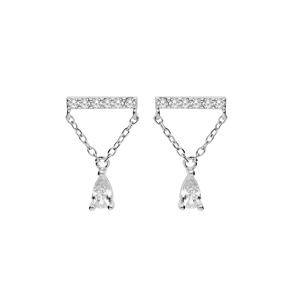 Boucles d'oreille en argent rhodié barrette d'oxydes blancs, chaînette et oxyde blanc forme poire se
