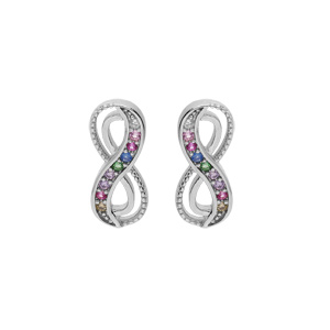 Boucles d’oreille en argent rhodié motif infini avec oxydes multi couleurs sertis et fermoir poussette