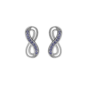 Boucles d’oreille tige en argent rhodié, motif infini avec oxydes bleu clair sertis