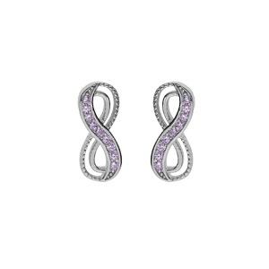 Boucles d'oreille tige en argent rhodié, motif infini avec oxydes violet sertis