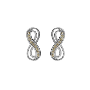 Boucles d'oreille tige en argent rhodié, motif infini avec oxydes couleur miel sertis