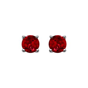 Boucles d'oreilles en argent rhodié avec pierre rouge ronde 5mm 4 griffes et fermoir poussette
