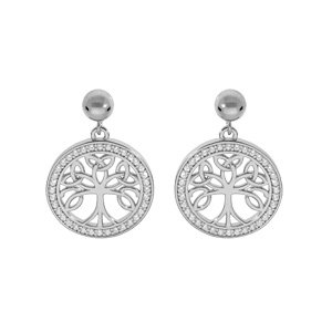 Boucles d’oreille en argent rhodié arbre de vie celtique 14mm suspendu contour oxydes blancs sertis et fermoir poussette