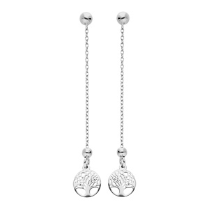 Boucles d'oreille en argent rhodié chaînette avec arbre de vie suspendu et fermoir poussette