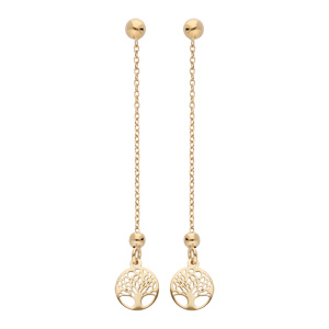 Boucles d’oreille en argent rhodié et dorure jaune chaînette avec arbre de vie suspendu et fermoir poussette
