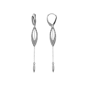 Boucles d’oreille pendantes en argent rhodié chaînette et motif plume suspendus et fermoir dormeuse