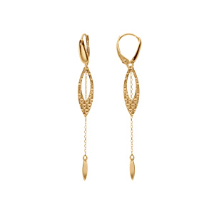 Boucles d’oreille pendantes en argent rhodié et dorure jaune chaînette et motif plume suspendus et fermoir dormeuse