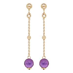Boucles d'oreille pendantes en argent rhodié et dorure jaune chaînette avec boule Améthyste véritabl