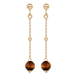 Boucles d'oreille pendantes en argent rhodié et dorure jaune chaînette avec boule Œil de tigre vérit